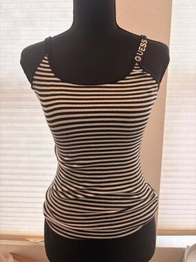 GUESS Black & White Striped Ribbed Tank with Logo Strap